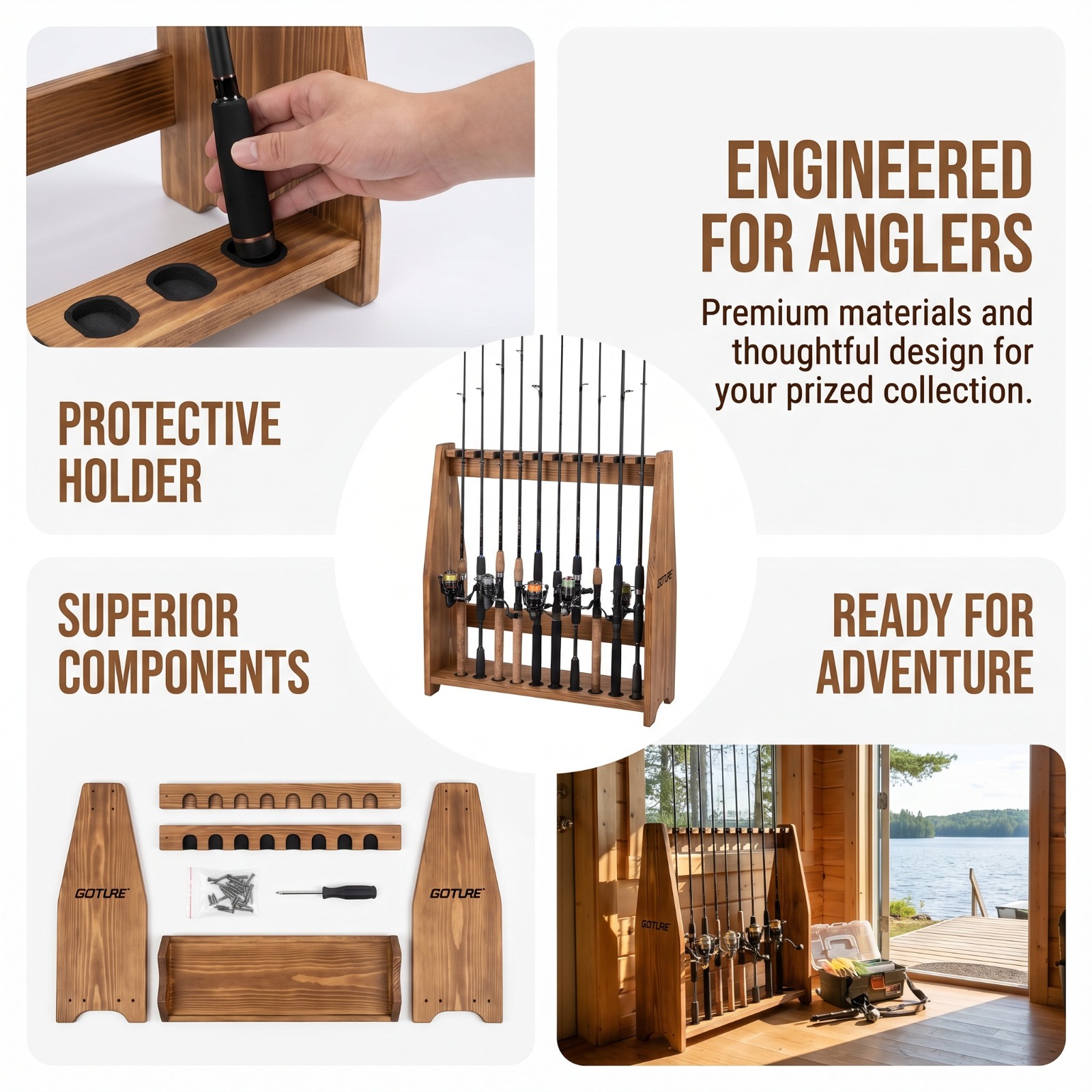 Fishing Rod Rack - ชั้นวางคันเบ็ดตกปลาแบบตั้งพื้น Goture 10 ช่อง ทำจากไม้สนคาร์บอน ประกอบง่าย